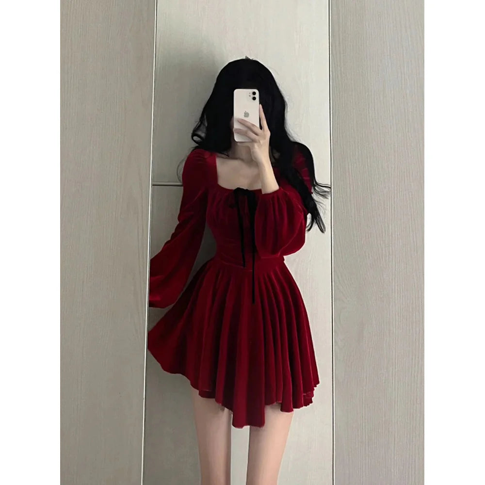 Chic A line Square Neckline Long Sleeves Red Velvet Party Dress Birthday Dresses Birthday Outfits simple gentle atmospheric and unique desi Bring summer colors to enhance whiteness