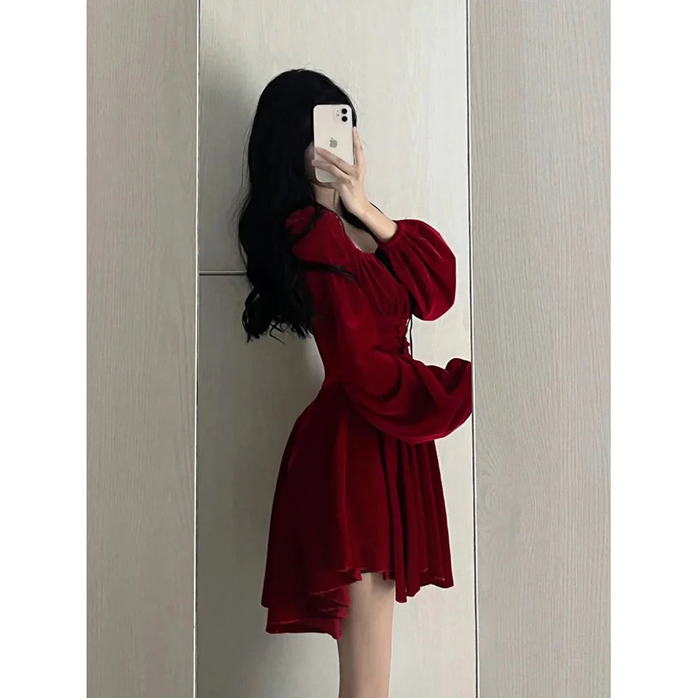 Chic A line Square Neckline Long Sleeves Red Velvet Party Dress Birthday Dresses Birthday Outfits simple gentle atmospheric and unique desi Bring summer colors to enhance whiteness