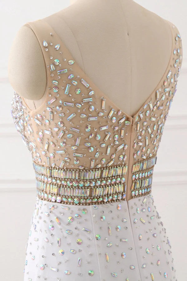 Chic Chiffon V-Neck Rhinestones Prom Dresses with Front Slit On Sale Simple gentle atmospheric and unique design