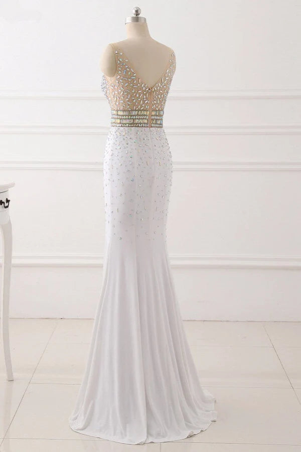 Chic Chiffon V-Neck Rhinestones Prom Dresses with Front Slit On Sale Simple gentle atmospheric and unique design