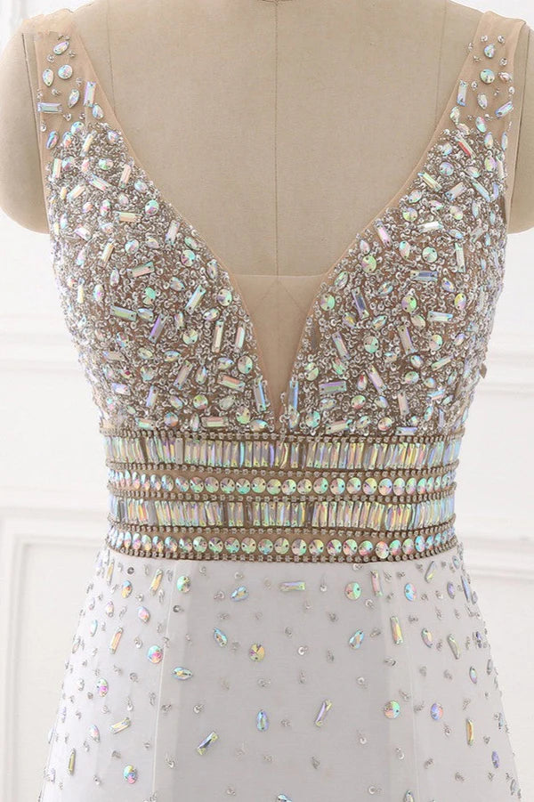 Chic Chiffon V-Neck Rhinestones Prom Dresses with Front Slit On Sale Simple gentle atmospheric and unique design