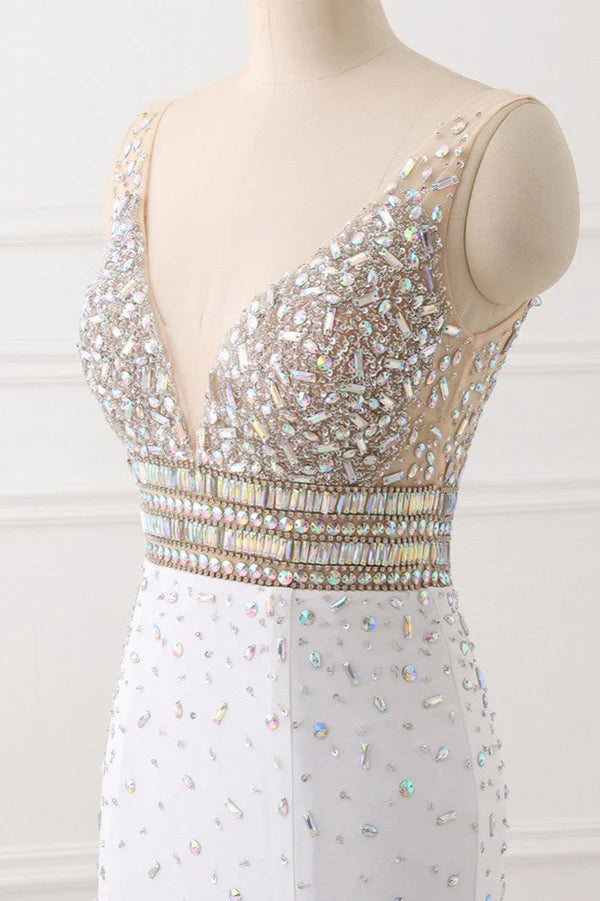 Chic Chiffon V-Neck Rhinestones Prom Dresses with Front Slit On Sale Simple gentle atmospheric and unique design