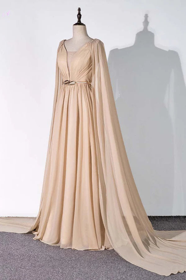 Chic Chiffon V-Neck Ruffle Prom Dresses with Beadings Sash On Sale Simple gentle atmospheric and unique design