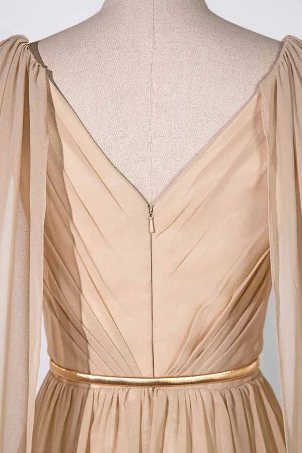 Chic Chiffon V-Neck Ruffle Prom Dresses with Beadings Sash On Sale Simple gentle atmospheric and unique design