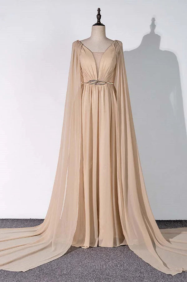 Chic Chiffon V-Neck Ruffle Prom Dresses with Beadings Sash On Sale Simple gentle atmospheric and unique design