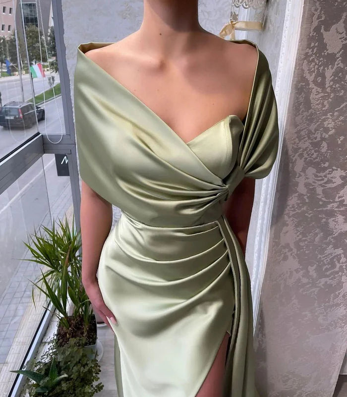 Chic Floor-Length Portrait A-Line Satin Prom Dress with Flirty Ruffles Simple gentle atmospheric and unique design