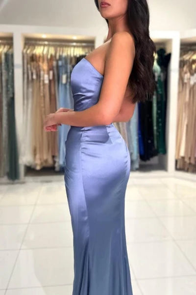 Chic Long Dusty Blue Mermaid Satin Sleeveless Prom Dress with Stylish SlitSimple gentle atmospheric and unique design