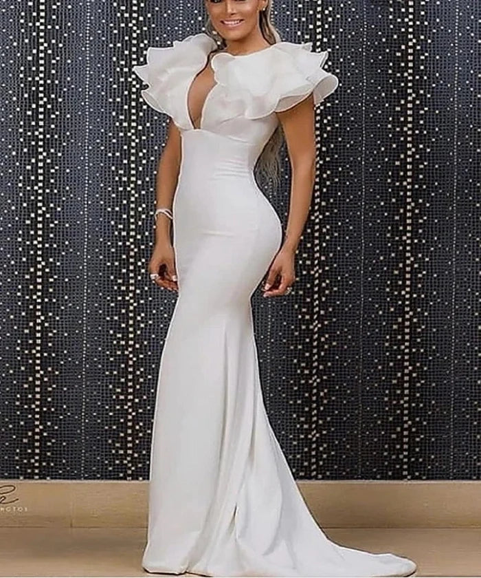 Chic Long White Mermaid V-neck Sleeveless Prom Dress With Ruffles Simple gentle atmospheric and unique design