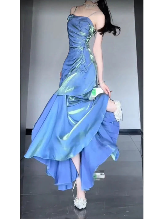 Chic Mermaid Spaghetti Straps Blue Long Prom Dress Birthday Dresses Birthday Outfits simple gentle atmospheric and unique desi Bring summer colors to enhance whiteness