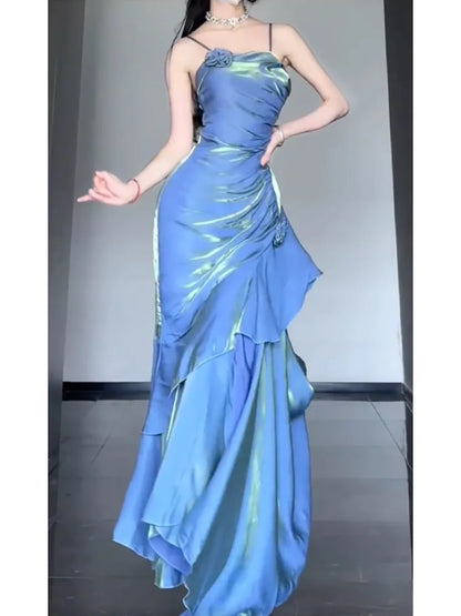 Chic Mermaid Spaghetti Straps Blue Long Prom Dress Birthday Dresses Birthday Outfits simple gentle atmospheric and unique desi Bring summer colors to enhance whiteness