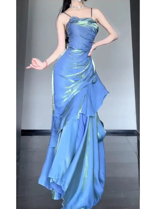 Chic Mermaid Spaghetti Straps Blue Long Prom Dress Birthday Dresses Birthday Outfits simple gentle atmospheric and unique desi Bring summer colors to enhance whiteness