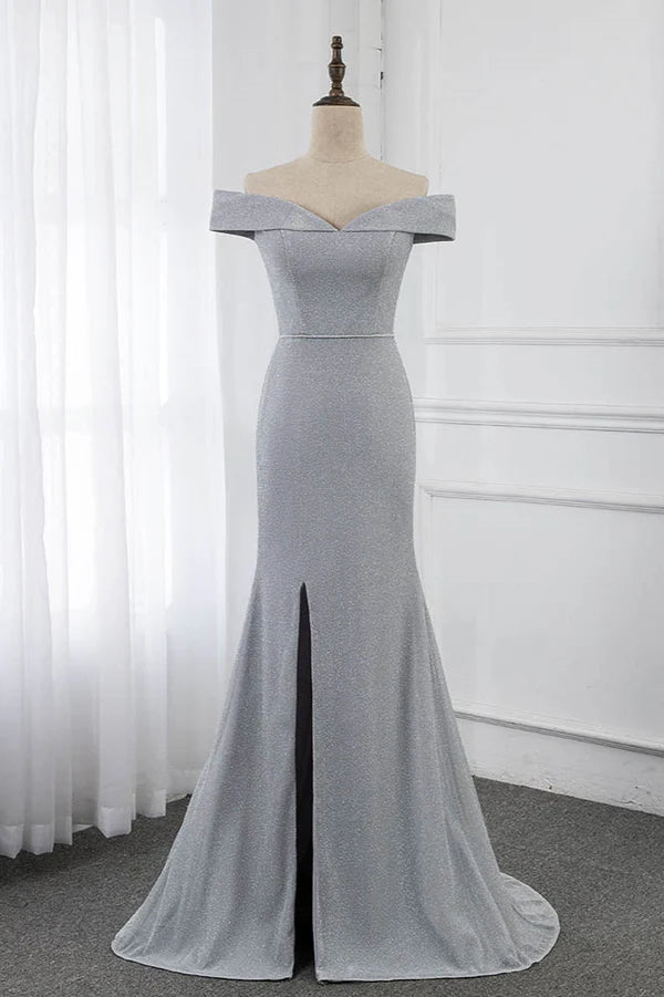 Chic Off-the-Shoulder Sleeveless Long Prom Dresses with Front Slit Simple gentle atmospheric and unique design