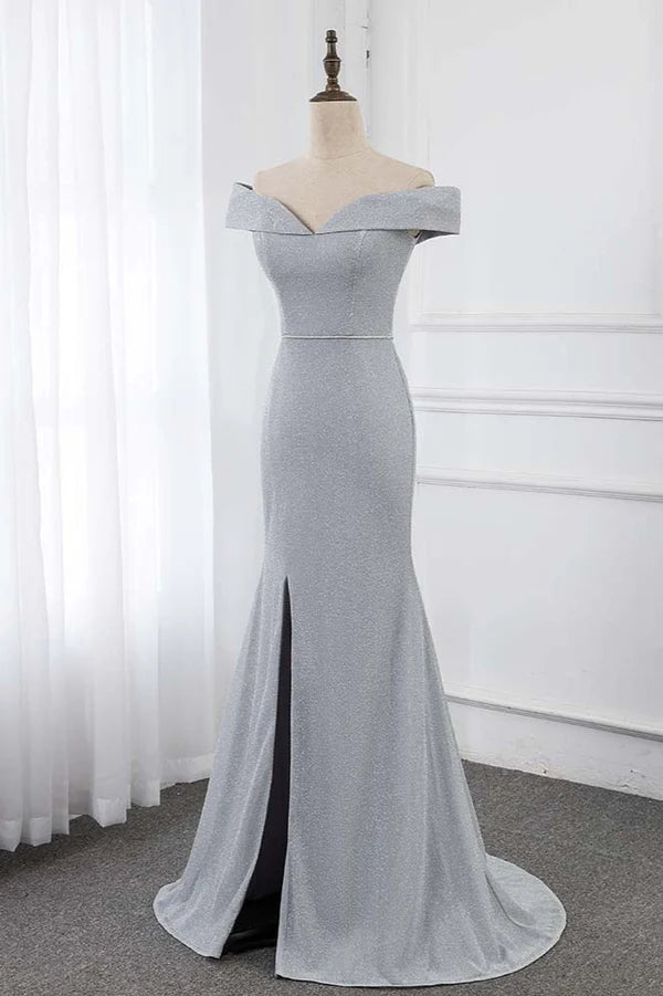 Chic Off-the-Shoulder Sleeveless Long Prom Dresses with Front Slit Simple gentle atmospheric and unique design