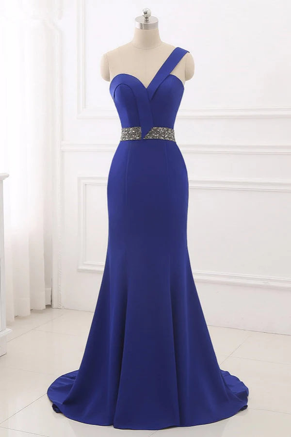 Chic One-Shoulder Sleeveless Mermaid Prom Dresses with Beadings Sash On Sale Simple gentle atmospheric and unique design