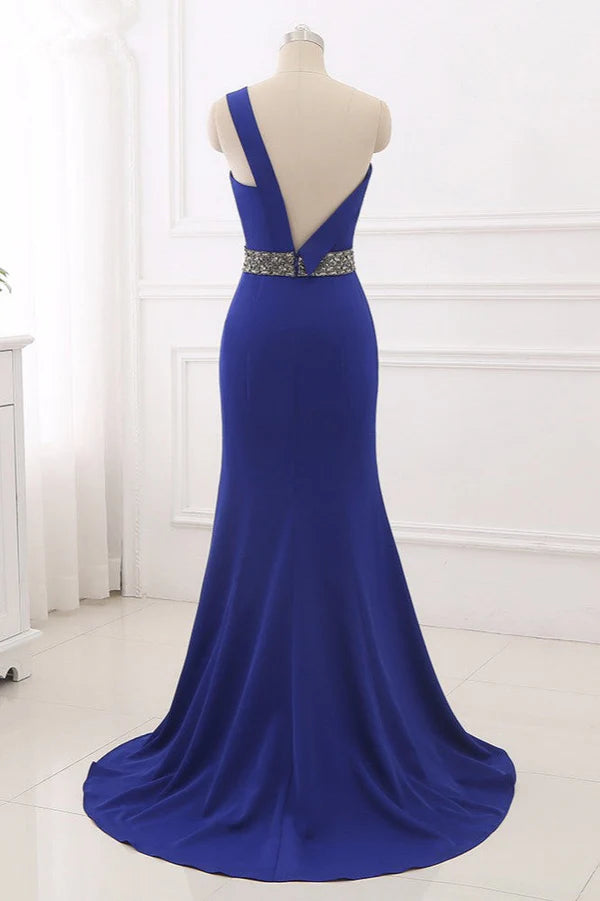 Chic One-Shoulder Sleeveless Mermaid Prom Dresses with Beadings Sash On Sale Simple gentle atmospheric and unique design