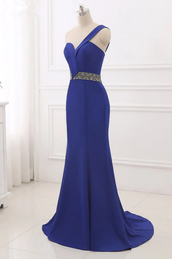 Chic One-Shoulder Sleeveless Mermaid Prom Dresses with Beadings Sash On Sale Simple gentle atmospheric and unique design