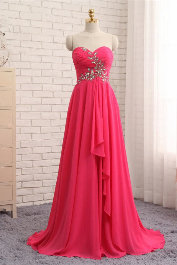 Chic Strapless Sweetheart Watermelon Prom Dresses A-Line Ruffles Crystals Evening Dresses Simple gentle atmospheric and unique design