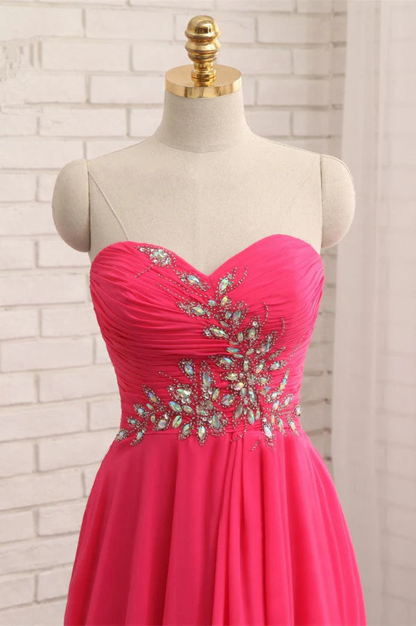 Chic Strapless Sweetheart Watermelon Prom Dresses A-Line Ruffles Crystals Evening Dresses Simple gentle atmospheric and unique design