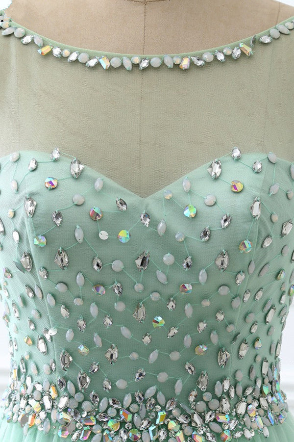 Chic Tulle Jewel Sleeveles A-Line Prom Dresses with Rhinestones On Sale Simple gentle atmospheric and unique design