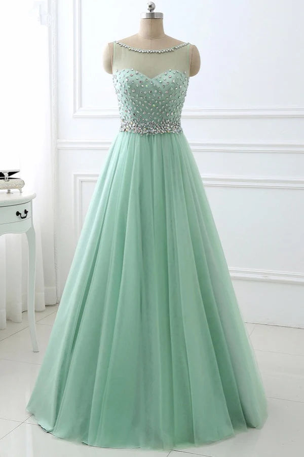 Chic Tulle Jewel Sleeveles A-Line Prom Dresses with Rhinestones On Sale Simple gentle atmospheric and unique design