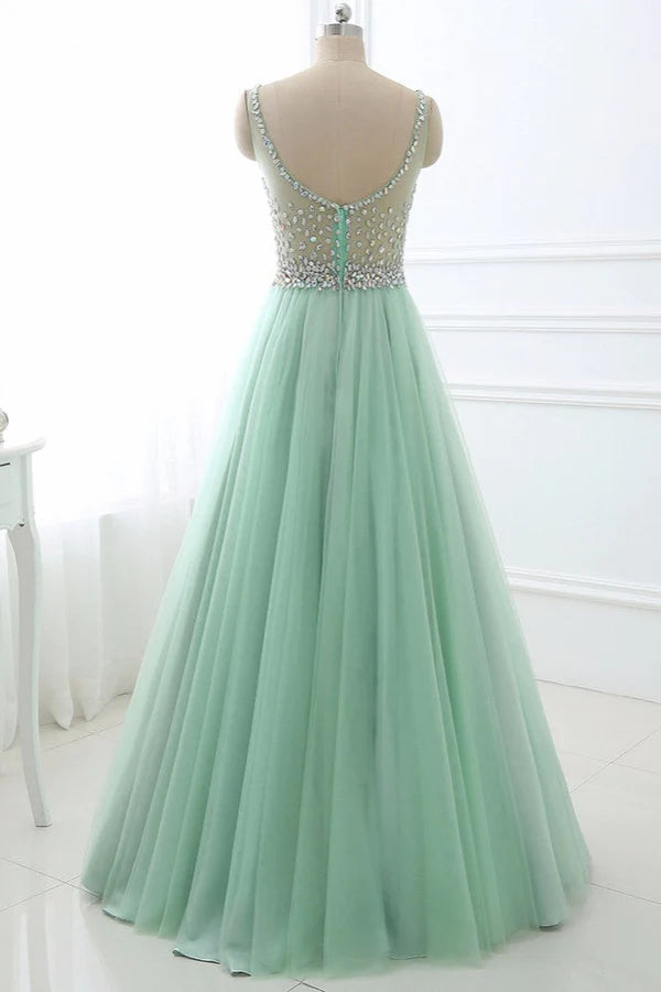 Chic Tulle Jewel Sleeveles A-Line Prom Dresses with Rhinestones On Sale Simple gentle atmospheric and unique design