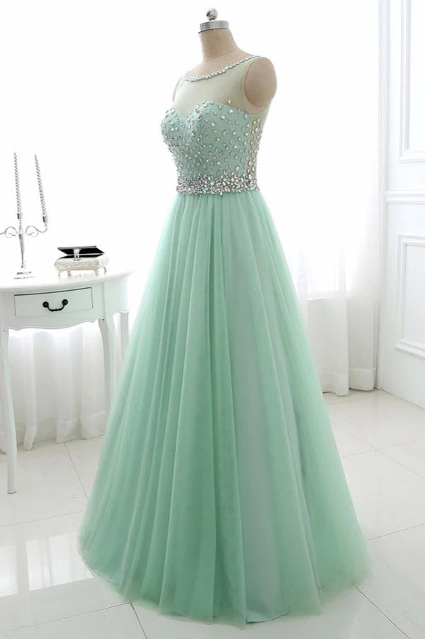 Chic Tulle Jewel Sleeveles A-Line Prom Dresses with Rhinestones On Sale Simple gentle atmospheric and unique design
