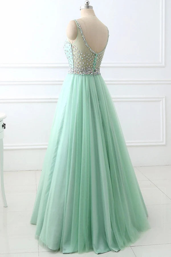 Chic Tulle Jewel Sleeveles A-Line Prom Dresses with Rhinestones On Sale Simple gentle atmospheric and unique design