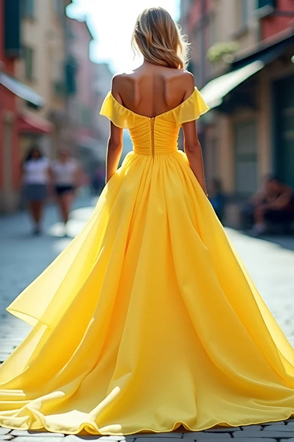 Chiffon Long A Line Yellow Off The Shoulder Prom Dress simple gentle atmospheric and unique desi Bring summer colors to enhance whiteness