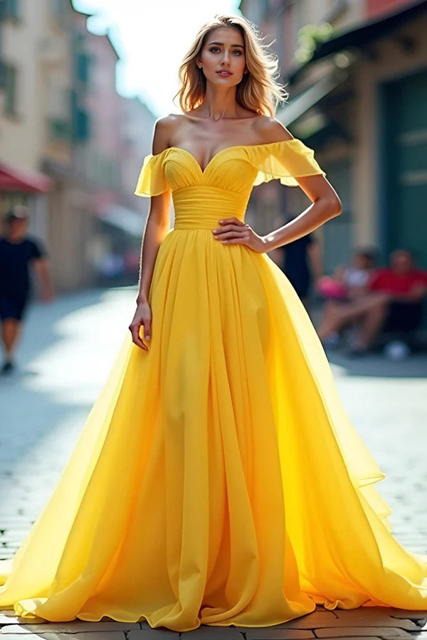 Chiffon Long A Line Yellow Off The Shoulder Prom Dress simple gentle atmospheric and unique desi Bring summer colors to enhance whiteness