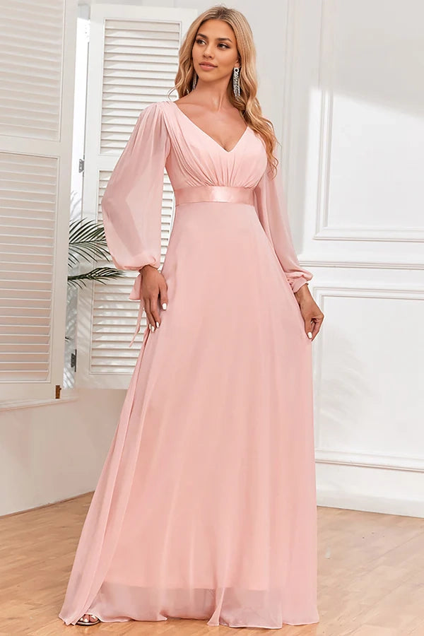 Chiffon V-Neck Blush Formal Dress with Long Sleeves Sequins simple gentle atmospheric and unique desi