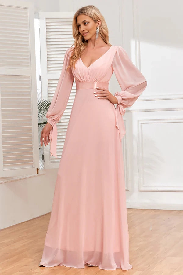 Chiffon V-Neck Blush Formal Dress with Long Sleeves Sequins simple gentle atmospheric and unique desi