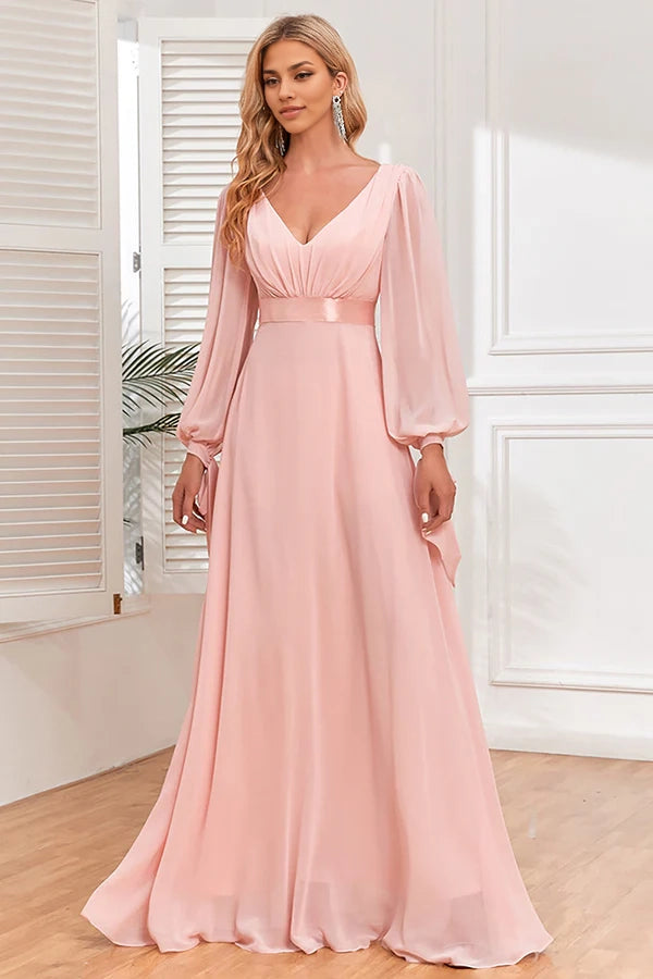 Chiffon V-Neck Blush Formal Dress with Long Sleeves Sequins simple gentle atmospheric and unique desi