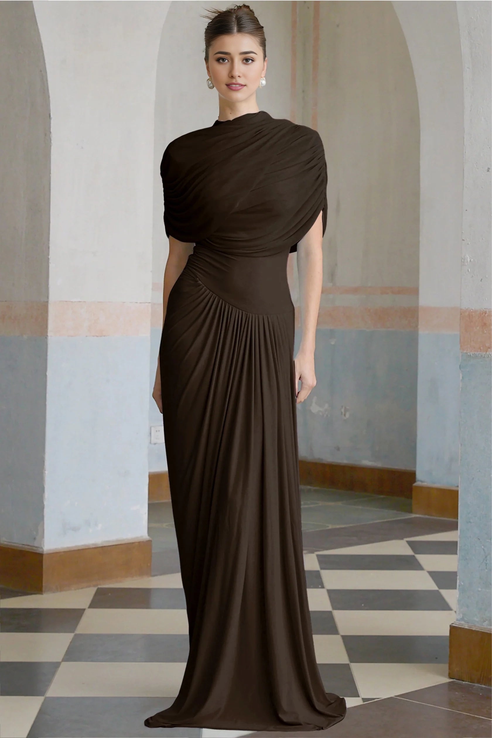 Chocolate Brown Draped Maxi Dress Catherine asymmetrical pleated maxi dress in Brown Evening Dress