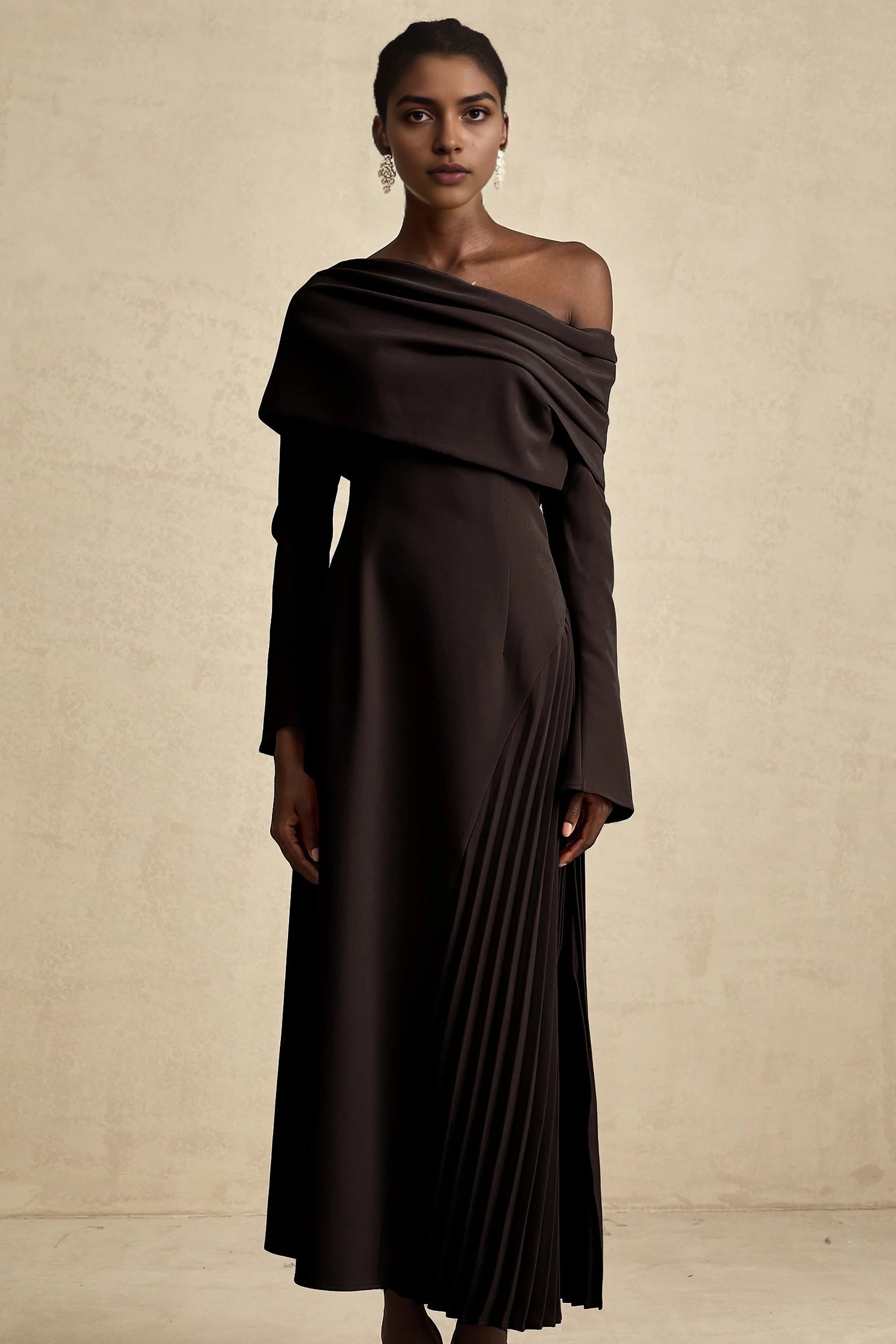 Chocolate Brown Off - Shoulder Maxi Dress with Pleated Detail Valentine high-slit pleated maxi dress in Black Evening Dress