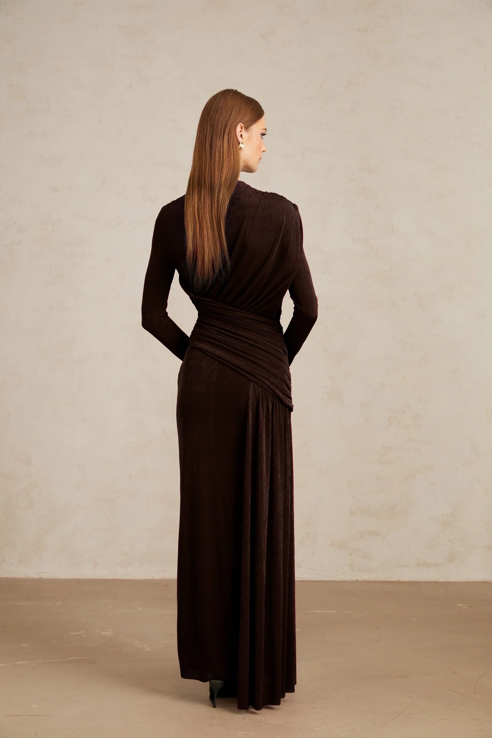 Chocolate Brown Ruched Long Sleeve Maxi Dress Charme Brown Ruched Maxi Dress Evening Dress