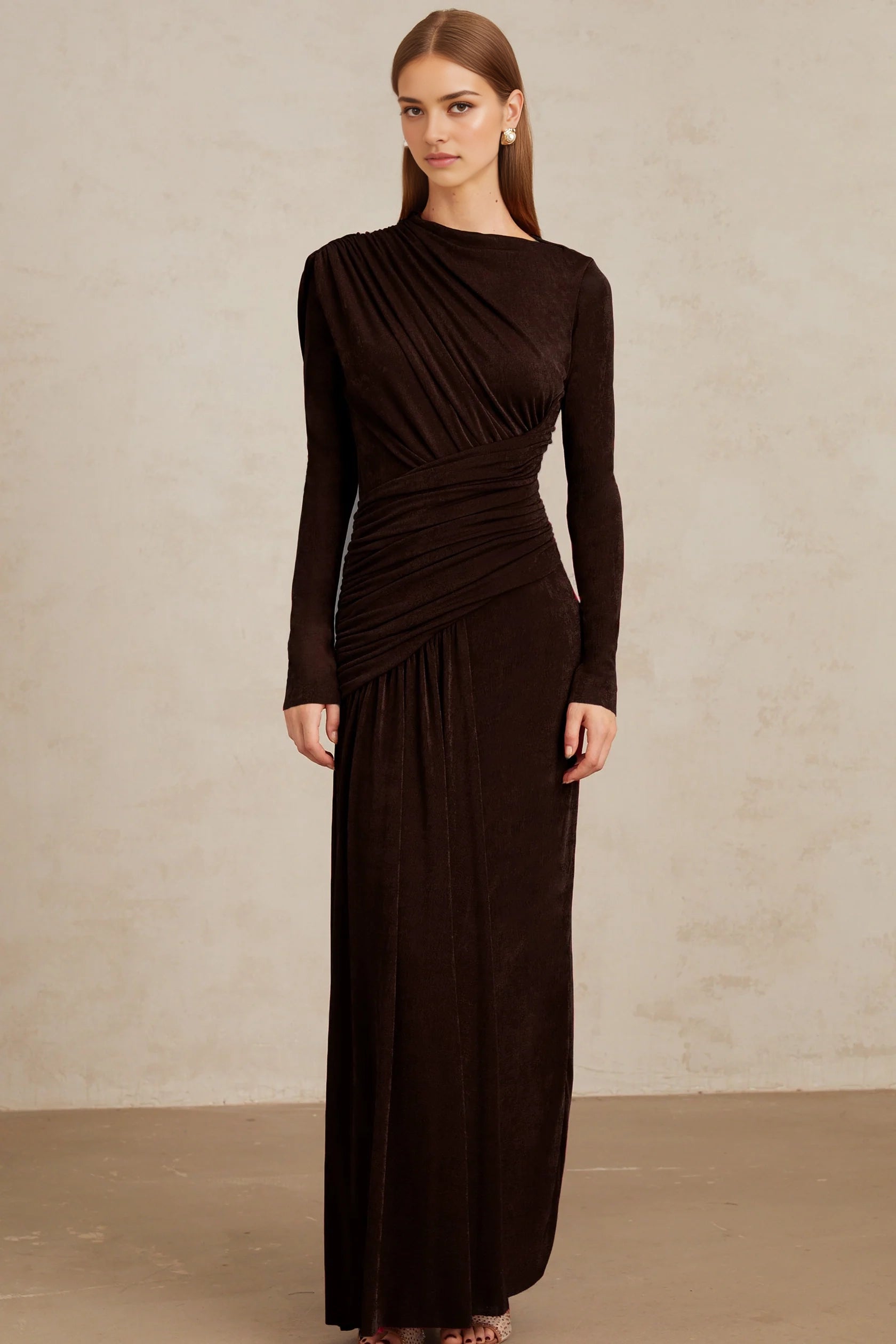 Chocolate Brown Ruched Long Sleeve Maxi Dress Charme Brown Ruched Maxi Dress Evening Dress