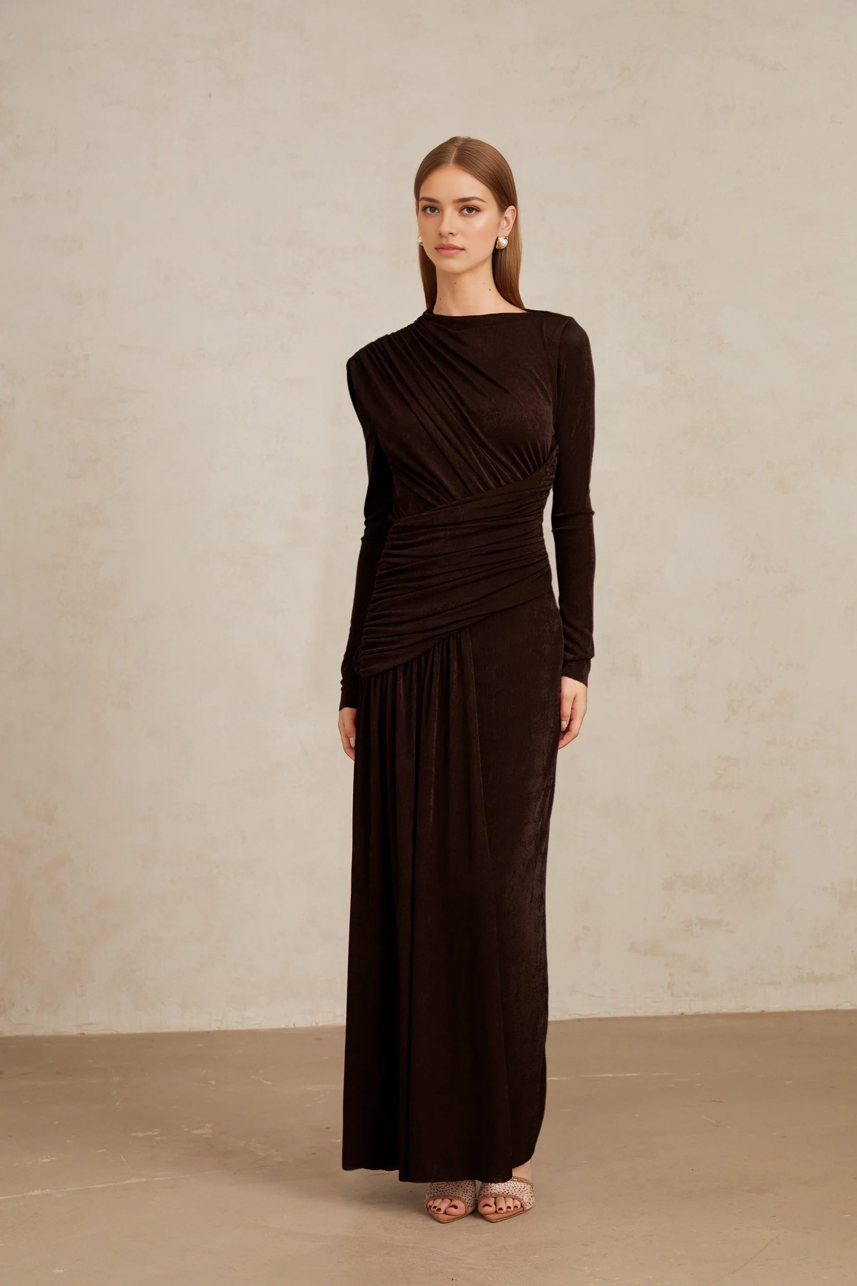 Chocolate Brown Ruched Long Sleeve Maxi Dress Charme Brown Ruched Maxi Dress Evening Dress