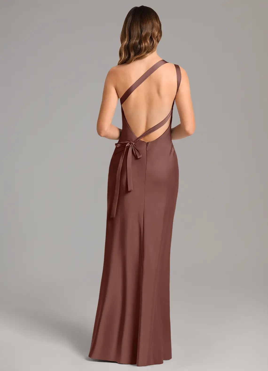 Chocolate Brown Satin One-Shoulder Maxi Dress with Open Back Mermaid One Shoulder Stretch Satin Dress Bridesmaid Dresses
