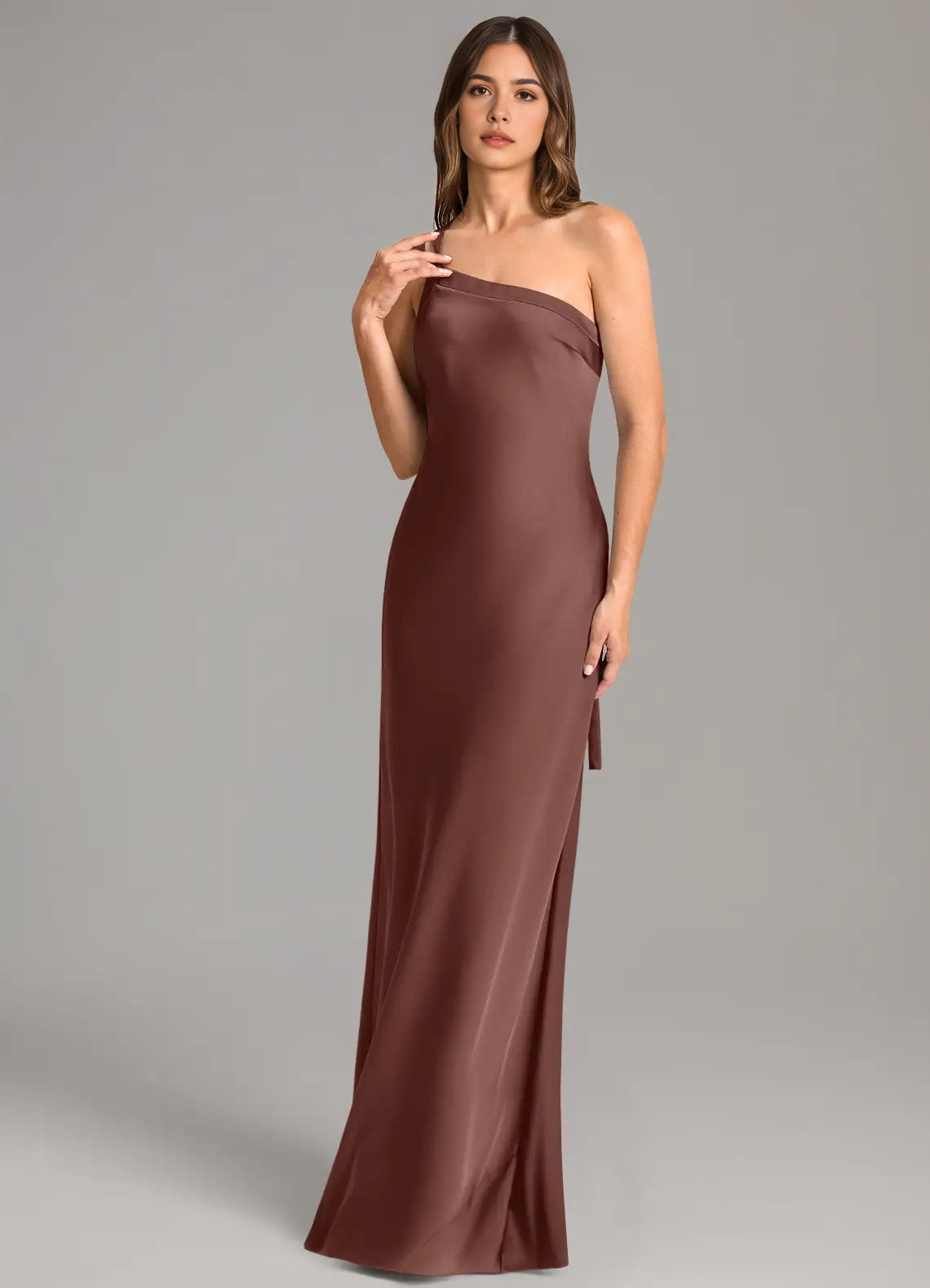 Chocolate Brown Satin One-Shoulder Maxi Dress with Open Back Mermaid One Shoulder Stretch Satin Dress Bridesmaid Dresses