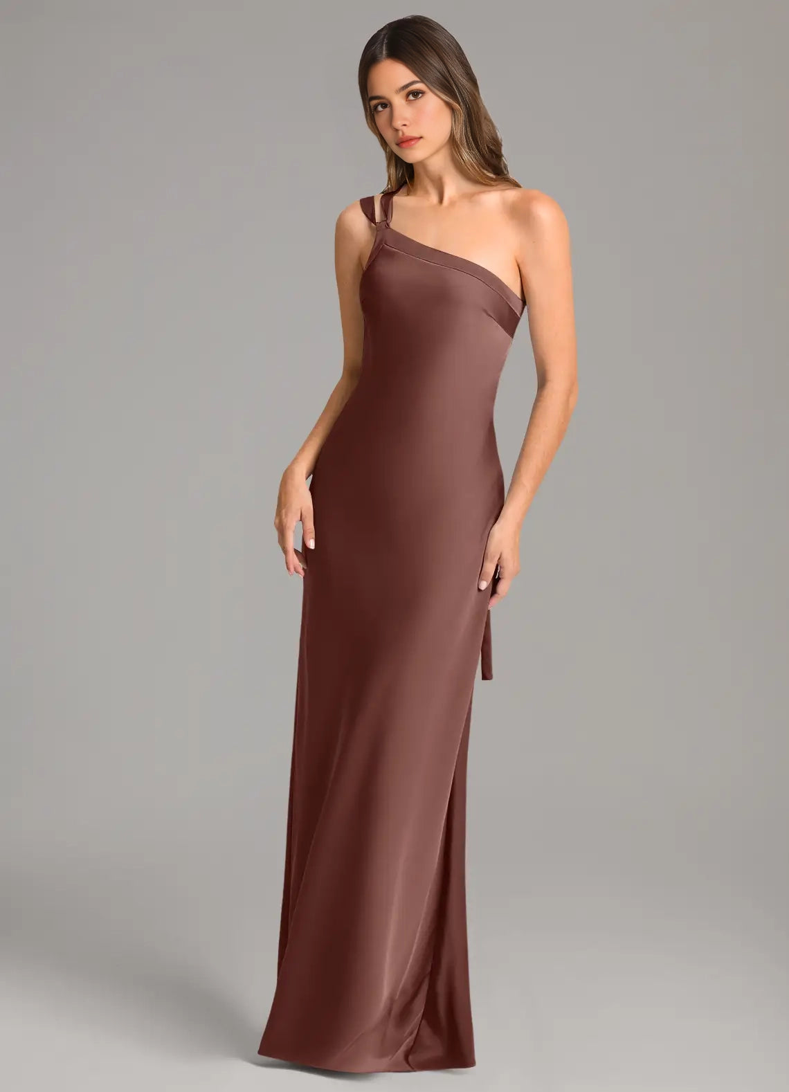Chocolate Brown Satin One-Shoulder Maxi Dress with Open Back Mermaid One Shoulder Stretch Satin Dress Bridesmaid Dresses