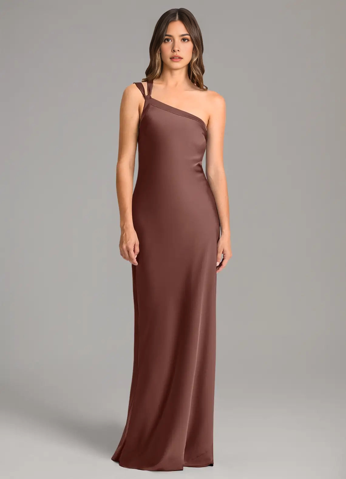Chocolate Brown Satin One-Shoulder Maxi Dress with Open Back Mermaid One Shoulder Stretch Satin Dress Bridesmaid Dresses