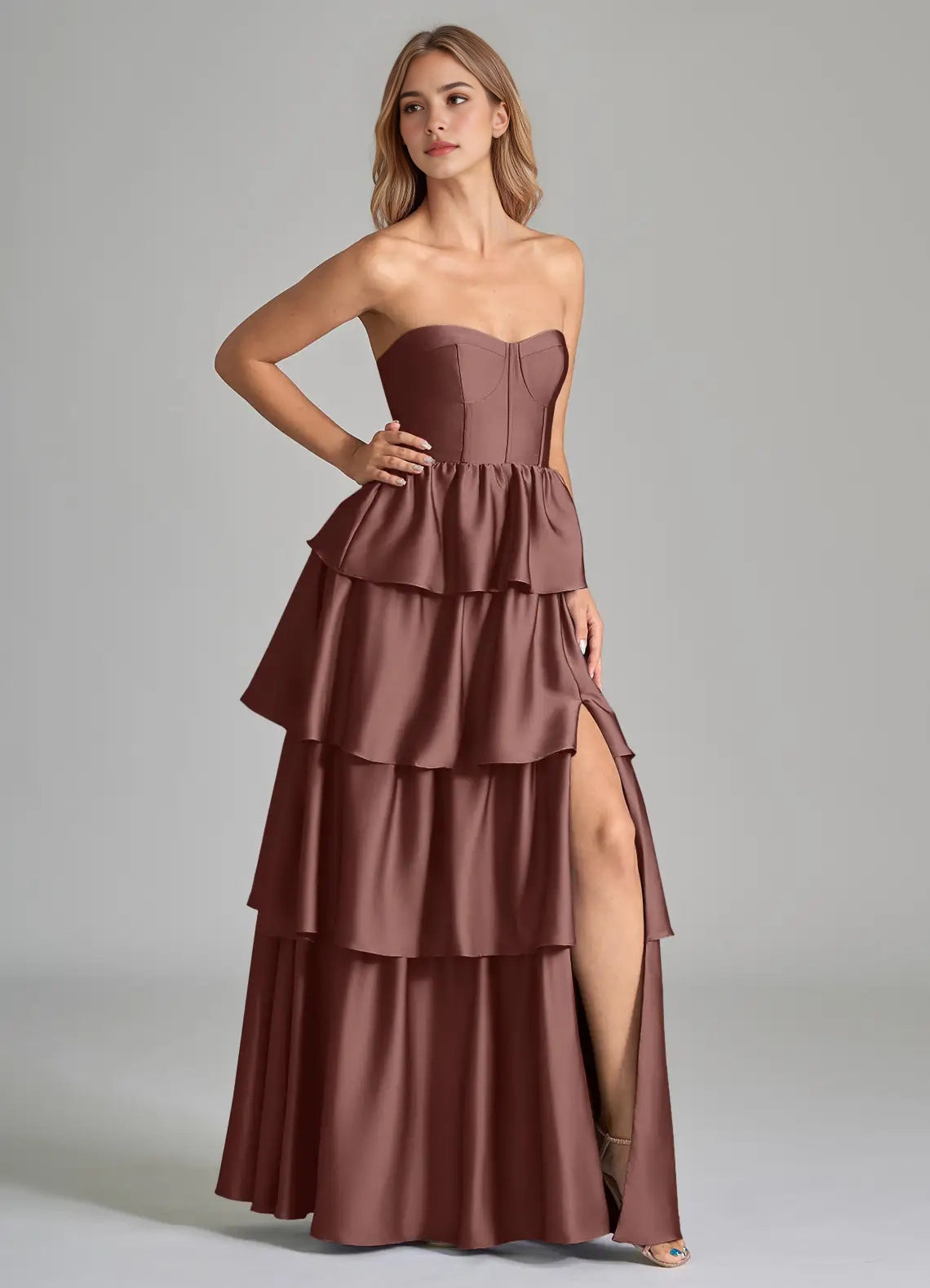 Chocolate Brown Strapless Tiered Maxi Dress with Side Slit  A-Line Ruched Stretch Satin Dress Bridesmaid Dresses