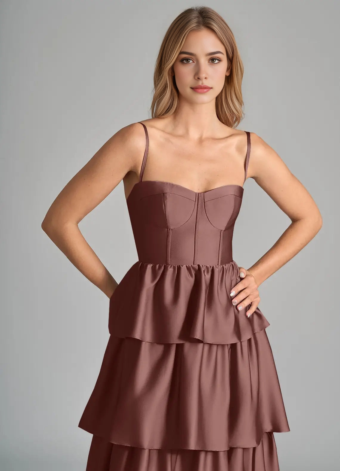 Chocolate Brown Strapless Tiered Maxi Dress with Side Slit  A-Line Ruched Stretch Satin Dress Bridesmaid Dresses