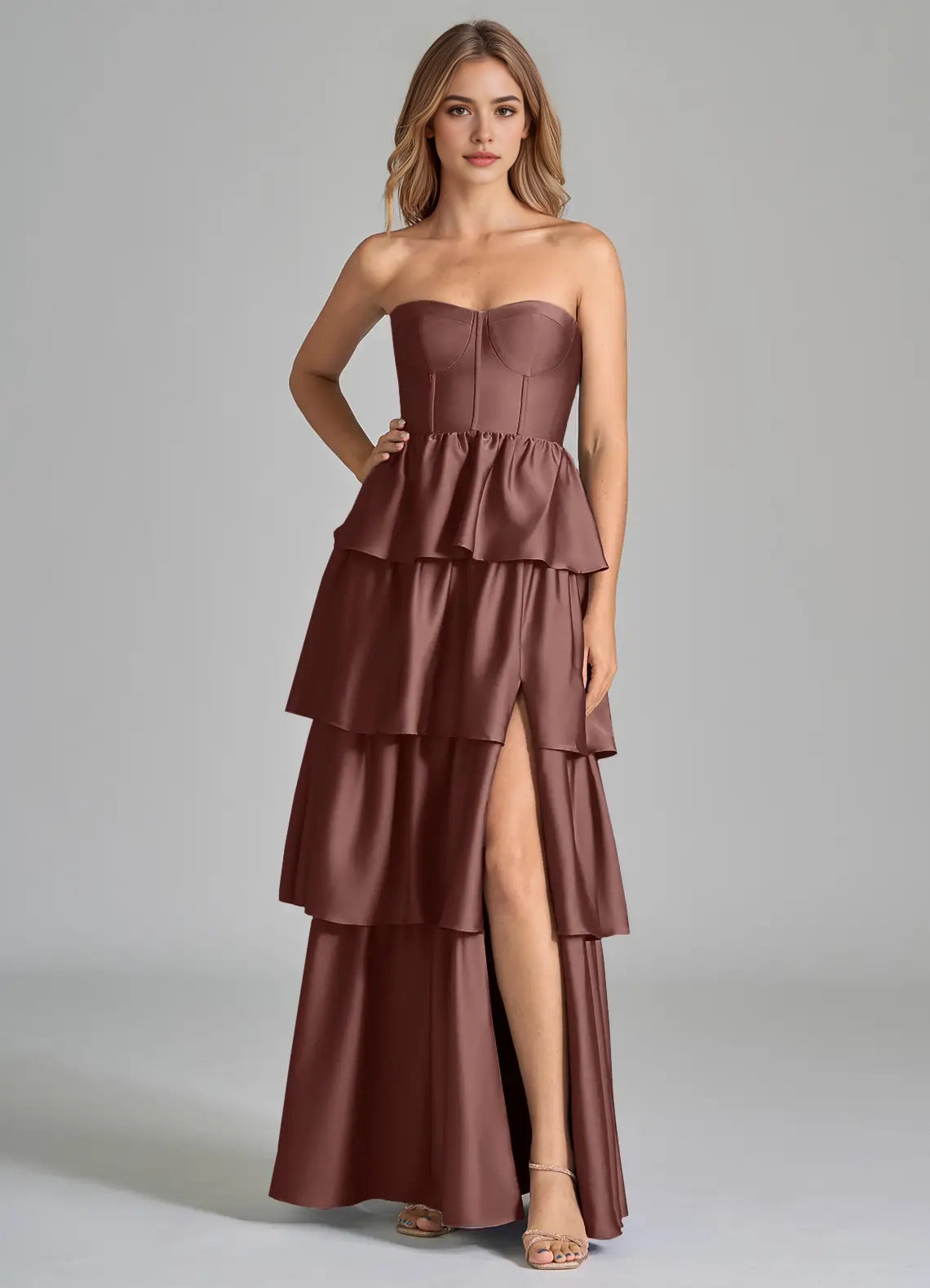 Chocolate Brown Strapless Tiered Maxi Dress with Side Slit  A-Line Ruched Stretch Satin Dress Bridesmaid Dresses