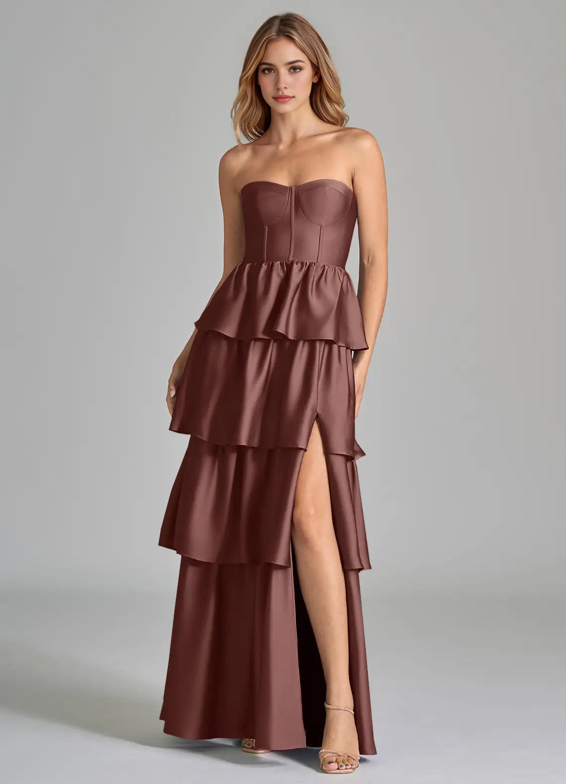 Chocolate Brown Strapless Tiered Maxi Dress with Side Slit  A-Line Ruched Stretch Satin Dress Bridesmaid Dresses