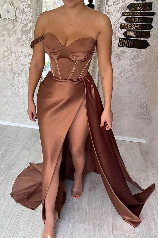 Chocolate Sweetheart Formal Evening Gowns Sexy Corset Prom Dresses Side Split Satin Party Dress simple gentle atmospheric and unique desi Bring summer colors to enhance whiteness