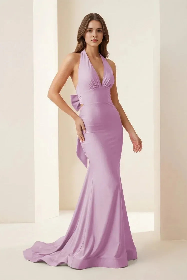 Classic Mermaid Halter Sleeveless Open-Back Floor-Length Prom Dress