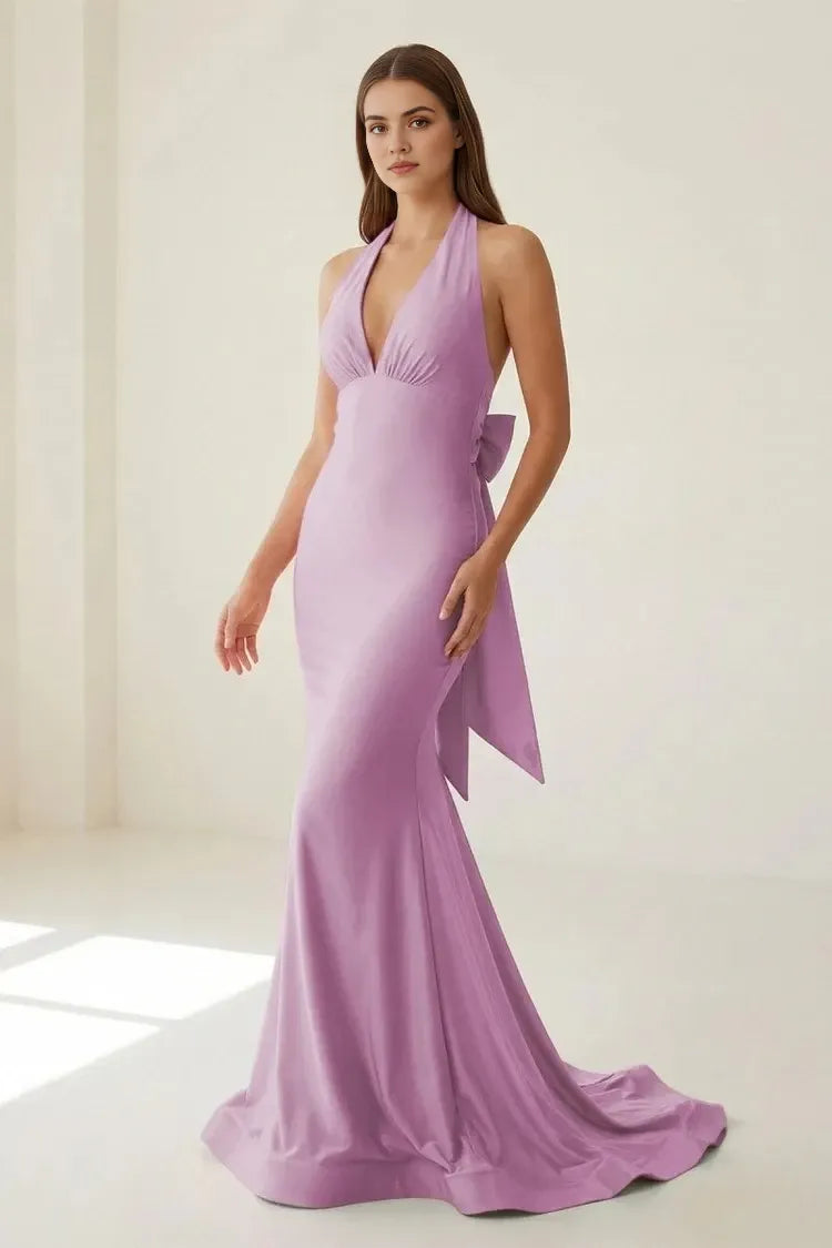 Classic Mermaid Halter Sleeveless Open-Back Floor-Length Prom Dress
