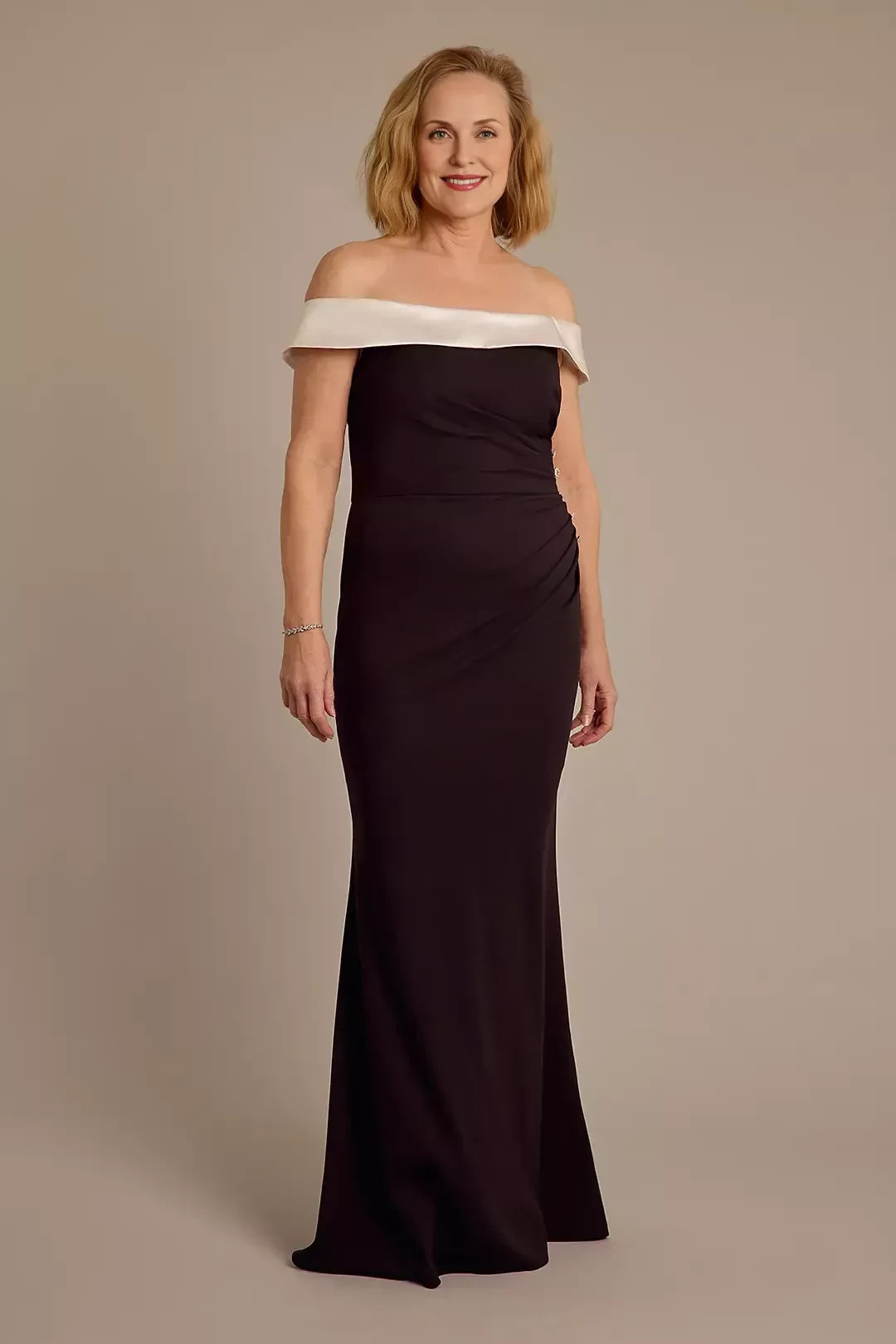 Classic Mermaid Off Shoulder Cap Sleeve Ruched Back Floor Length Mother of the Bride Dress