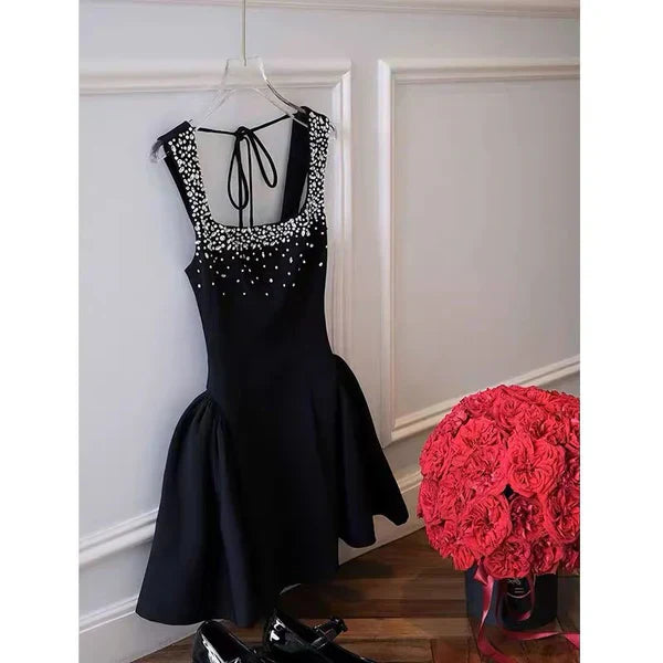 Classic Black Shiny Rhinestone A Line Straps Satin Short Homecoming Dress Cocktail Dress simple gentle atmospheric and unique desi Bring summer colors to enhance whiteness